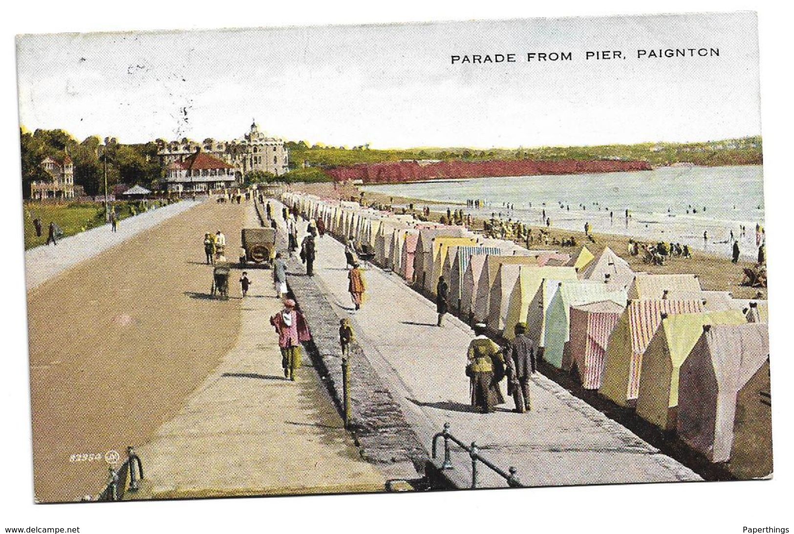 Old Colour Postcard, Parade From Pier Paignton, Devon, Beach Huts, Car, People, 1925. - Paignton