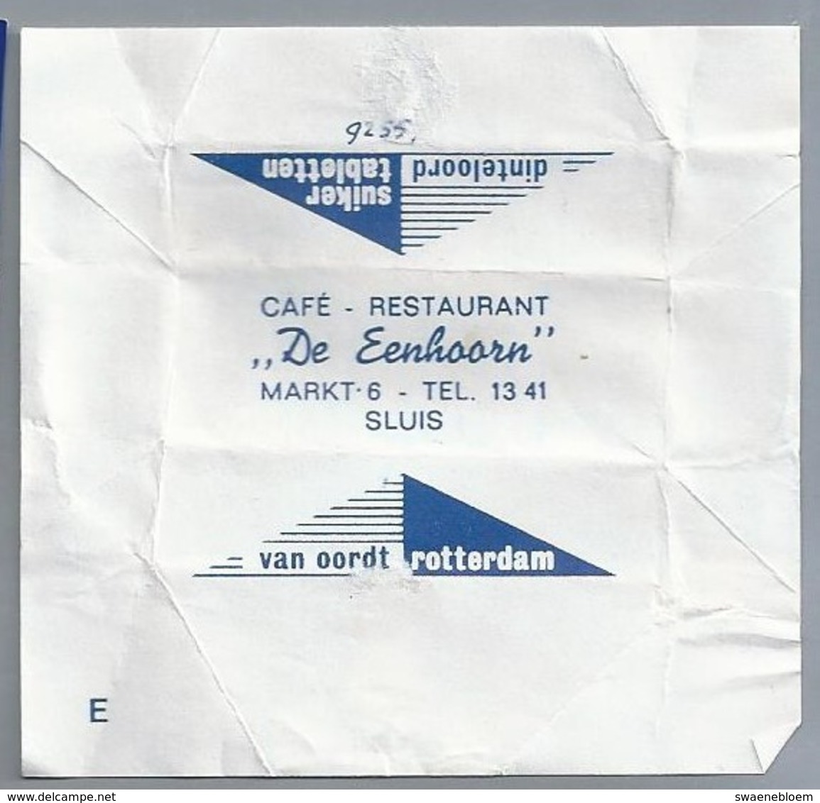 Suikerwikkel.- CAFÉ RESTAURANT - DE EENHOORN -. MARKT 6, SLUIS. TEL. 13 41. Sugar. Zucchero. Suiker. - Suiker