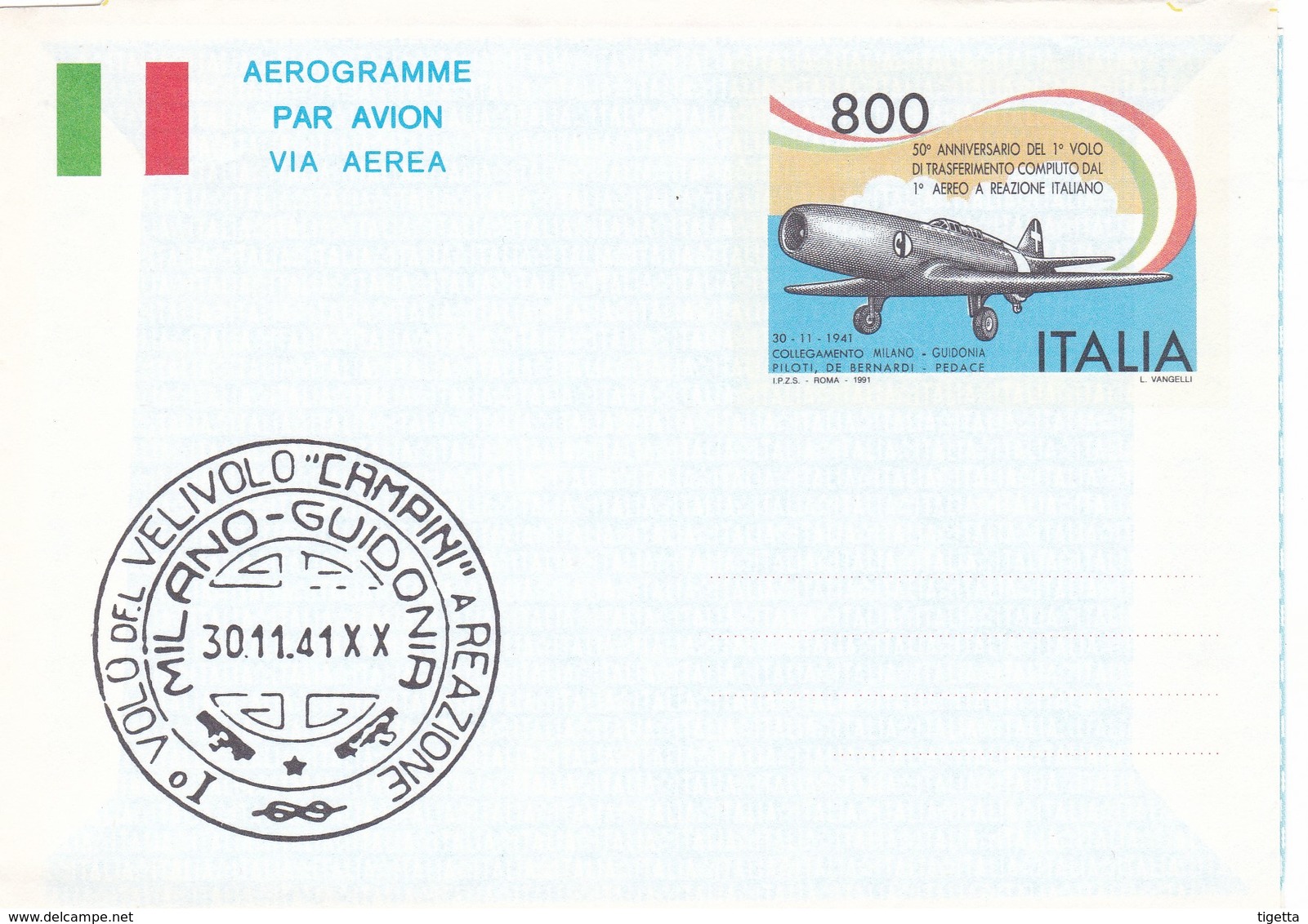 ITALIA REPUBBLICA AEROGRAMMA L. 800 50° ANNIVERSARIO DEL PRIMO VOLO  DEL PRIMO AEREO A REAZIONE ITALIANO  ANNO 1991 - Entiers Postaux