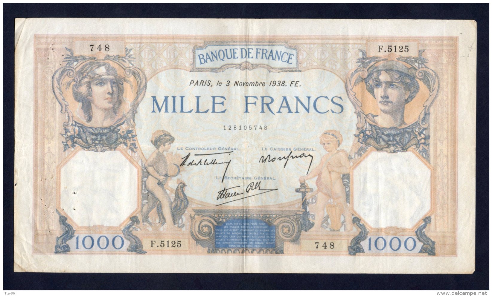 Banconota Francia - 1000 Franchi/Francs 3/11/1938 - 1 000 F 1927-1940 ''Cérès Et Mercure''