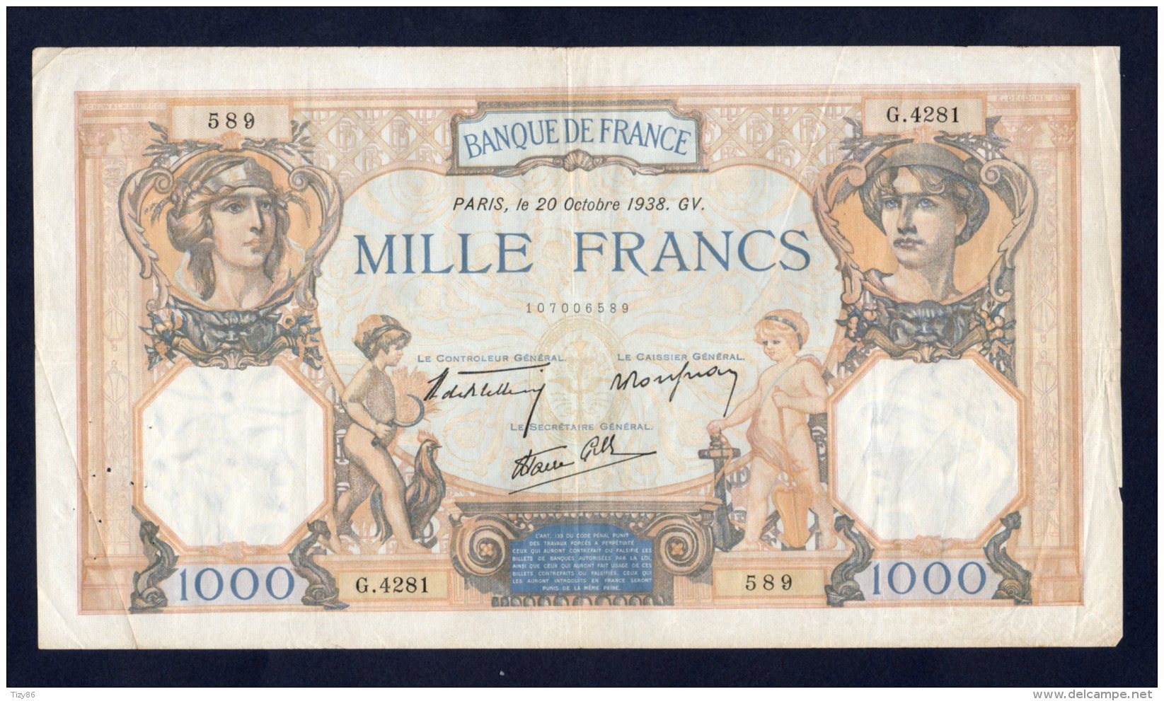 Banconota Francia - 1000 Franchi/Francs 20/10/1938 - 1 000 F 1927-1940 ''Cérès Et Mercure''