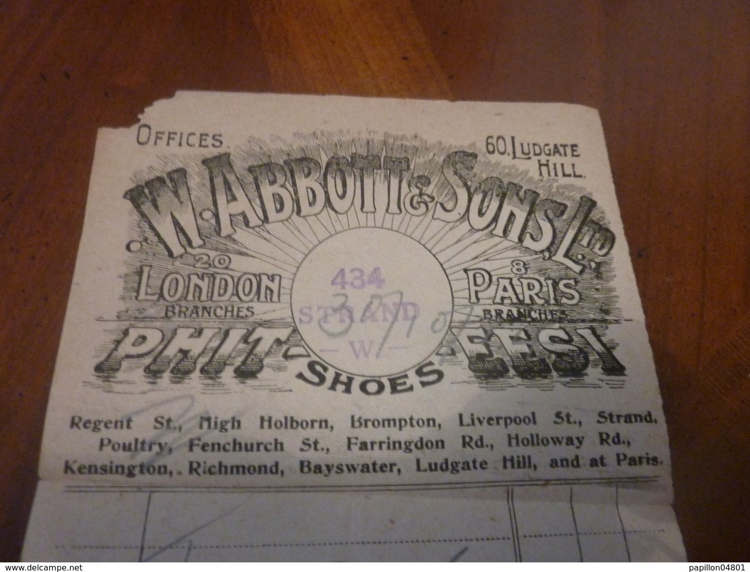 Facture Ancienne W. ABBOTT&SONS.Ltd PHIT-EESI SHOES TAMPON RAYON BOTTS DU 30 OCTOBRE 1914 - Royaume-Uni