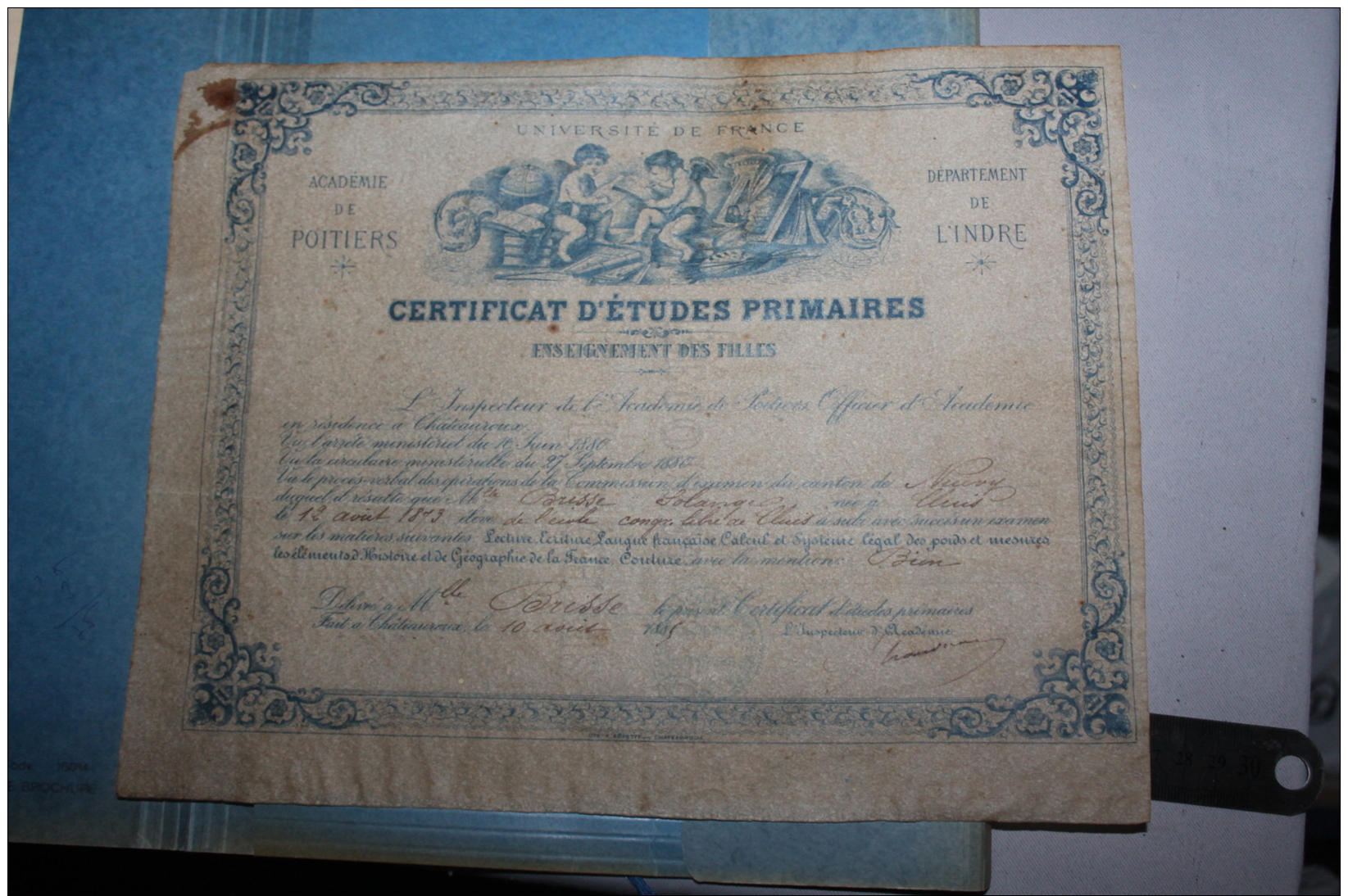 Certificat D'étude Primaire De Poitiers 1885 - Diplômes & Bulletins Scolaires