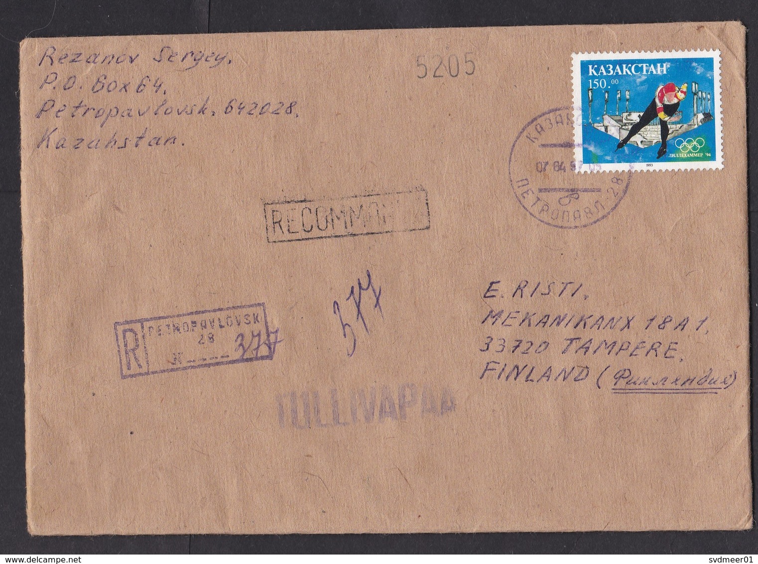 Kazakhstan: Registered Cover To Finland, 1997, 1 Stamp, Ice Skating, Olympics, Customs Cancel No Duty (traces Of Use) - Kazachstan