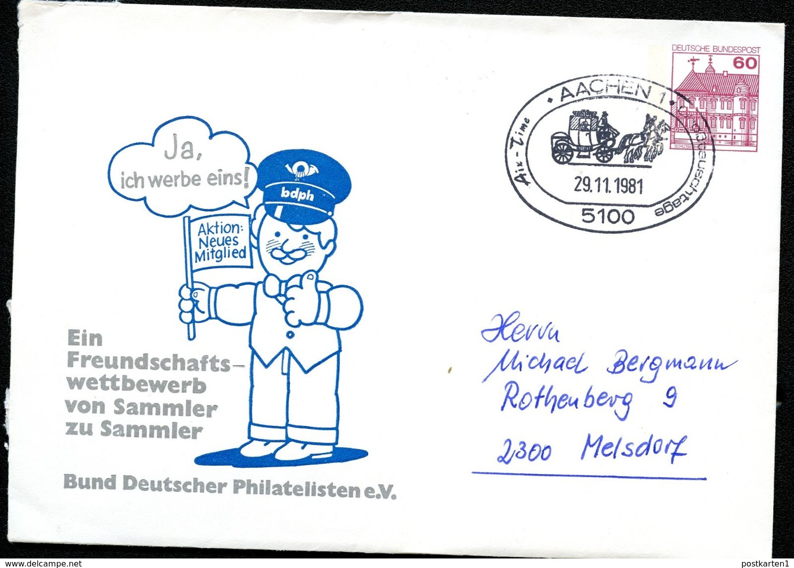 Bund PU115 B1/004 Privat-Umschlag PHILATELISTEN Sost. Aachen POSTKUTSCHE 1981 - Privatumschläge - Gebraucht