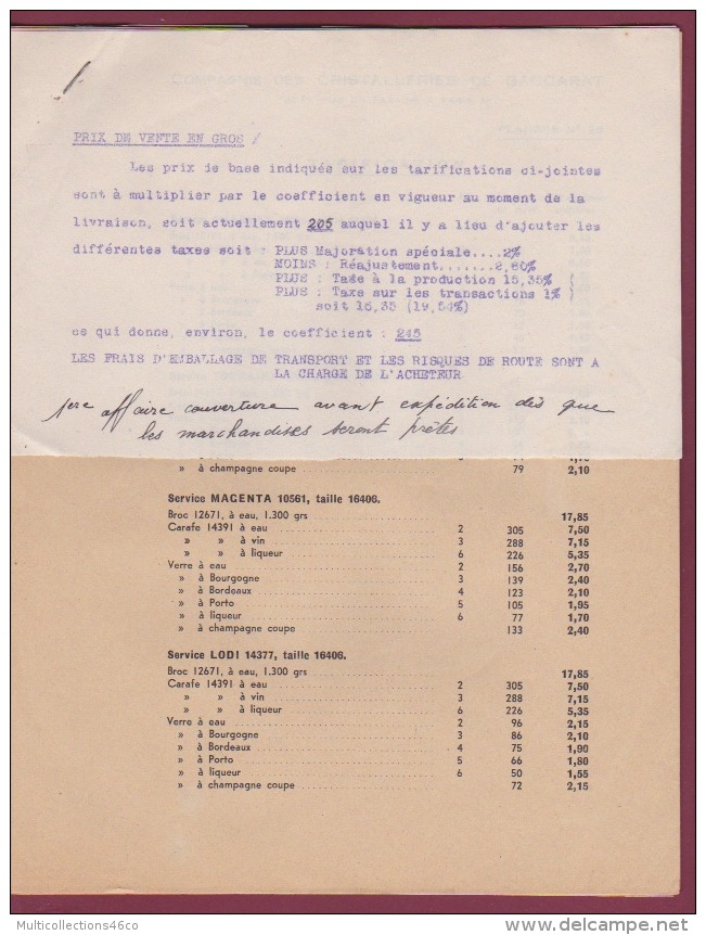 120418A - Catalogue CRISTALLERIES DE BACCARAT 16 Planches Et Tarification Correspondante 1952 - Glas & Kristal