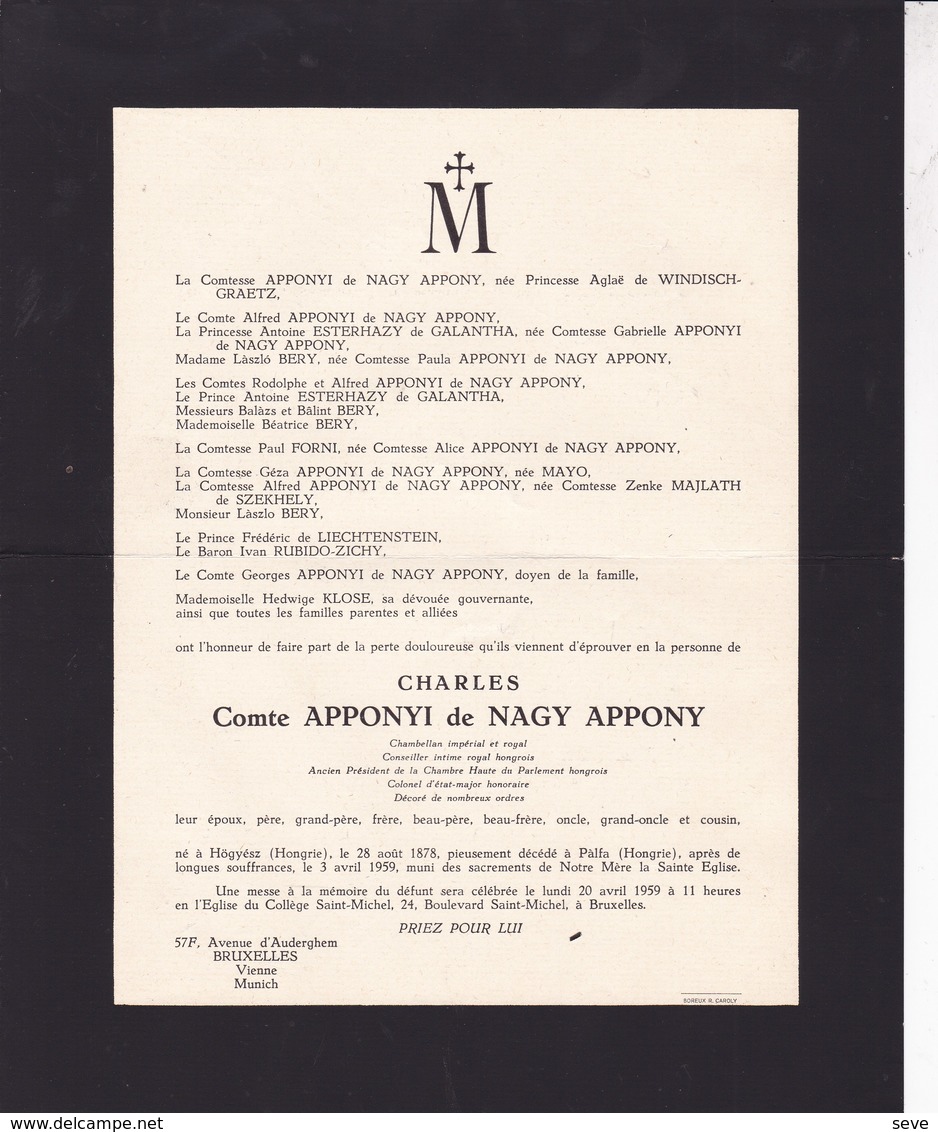 PALFA HONGRIE Charles Comte APPONYI De NAGY APPONY Ancien Parlementaire Hongrois 1878-1959 WINDISCH-GRAETZ - Avvisi Di Necrologio