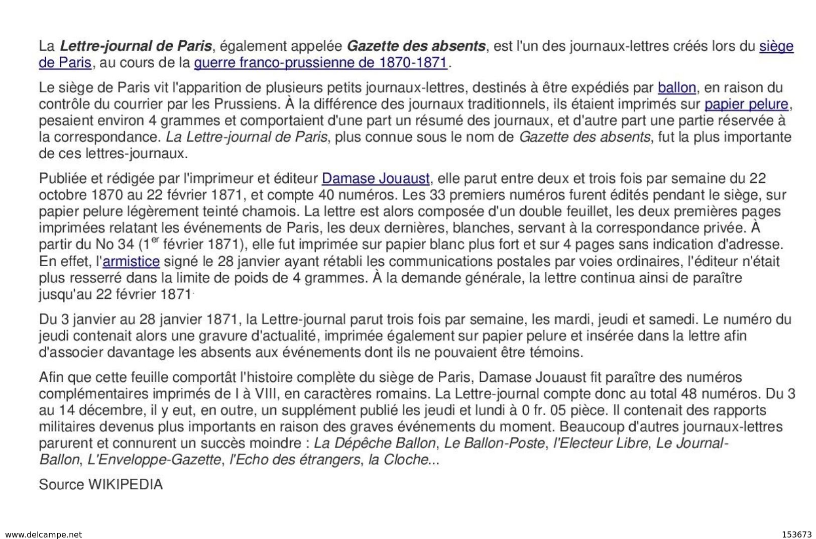 Guerre Franco-Prussienne 1870-71. Lettre-Journal De Paris "Gazette Des Absents" N°12 Du Mercredi 30 Novembre 1870 - 1850 - 1899