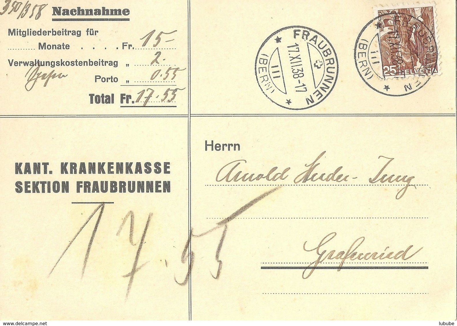 NN Karte  "Kant. Krankenkasse Sektion Fraubrunnen" - Grafenried           1938 - Briefe U. Dokumente