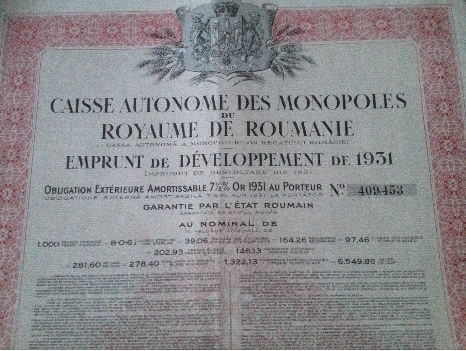 Caisse Autonome Des Monopoles Du Royaume De Roumanie 1931 - Autres & Non Classés