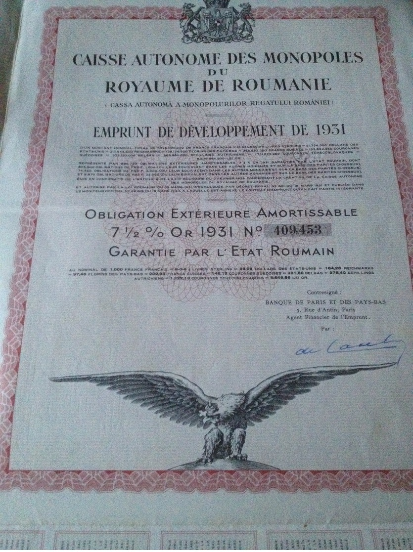 Caisse autonome des Monopoles du Royaume de Roumanie 1931