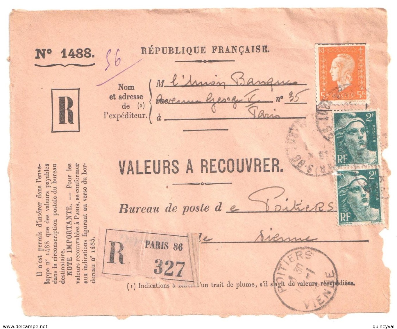 4518 PARIS 86 Valeurs à Recouvrer 1488 Dulac 5 F Orange 2 F Gandon Vert Yv 697 713 Ob 14 1 1946 - Briefe U. Dokumente