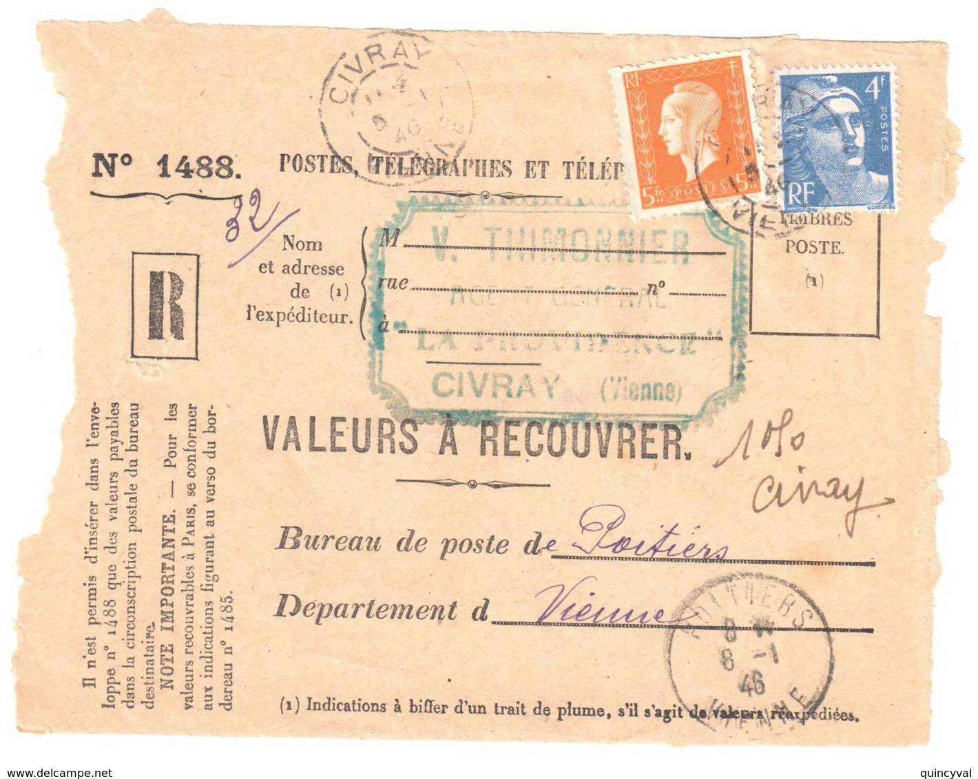 4519 CIVRAY Vienne Valeurs à Recouvrer 1488 Dulac 5 F Orange 4 F Gandon Bleu Yv 697 717 Ob 1946 Recommandé Provisoire - Briefe U. Dokumente