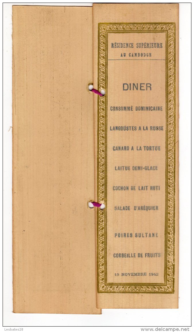 MENUS- ASIE  CAMBODGE   PHNOM PENH   MENU Résidence Supérieure Au Cambodge  DINER  23 Novembre 1942  AV  2018  Clas 1 - Menus