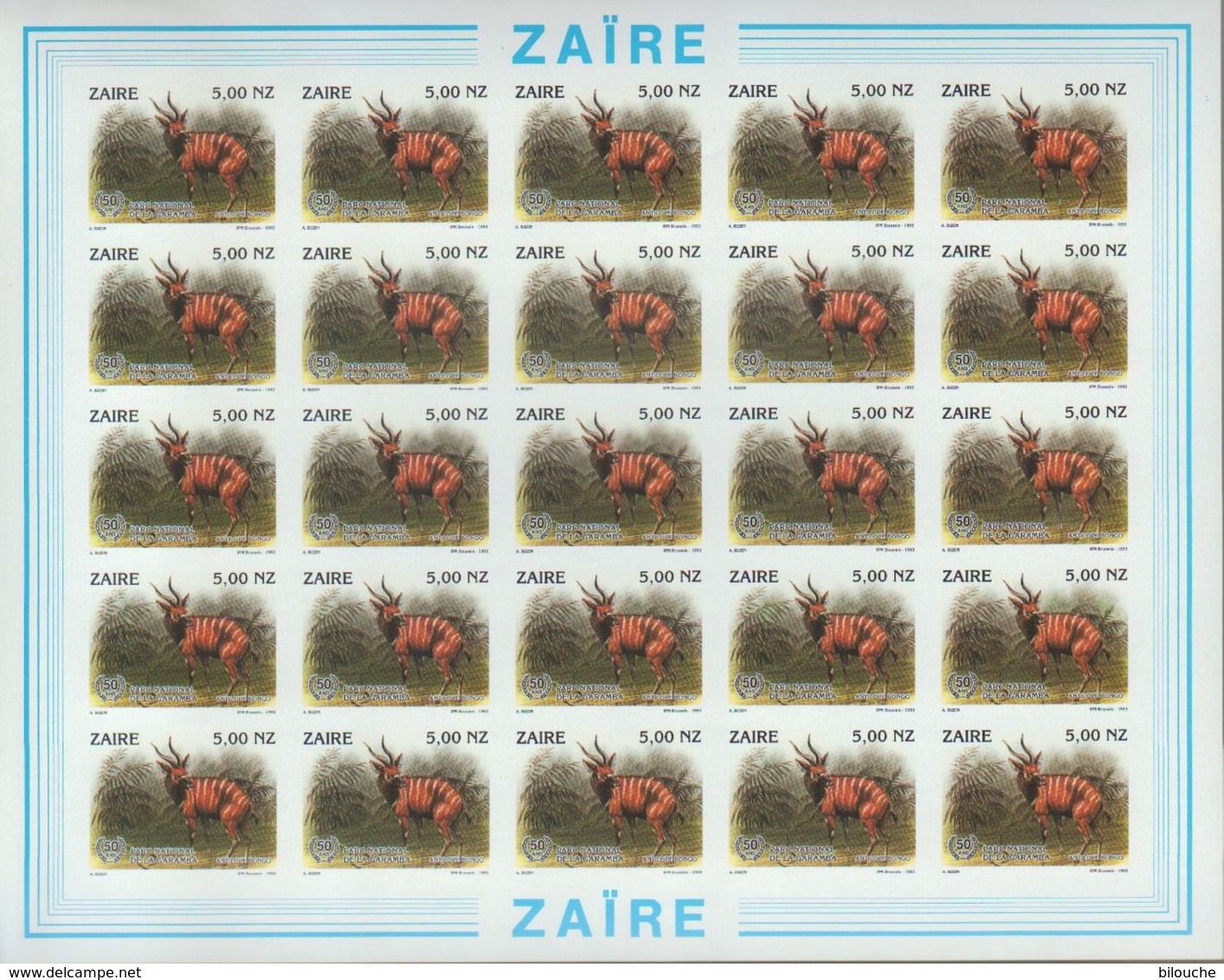 BUZIN / ZAIRE 1994 / FEUILLE COMPLETE   N O N   DENTELEE / 50 ANS DU PARC DE LA GARAMBA / COB 1456 - 1985-.. Oiseaux (Buzin)