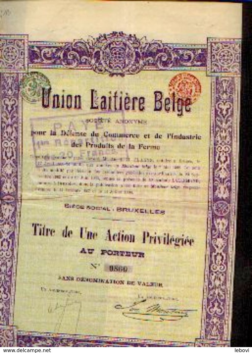 (BRUXELLES) « Union Laitière Belge SA» – Titre D’1 Action Privilégiée - Agriculture