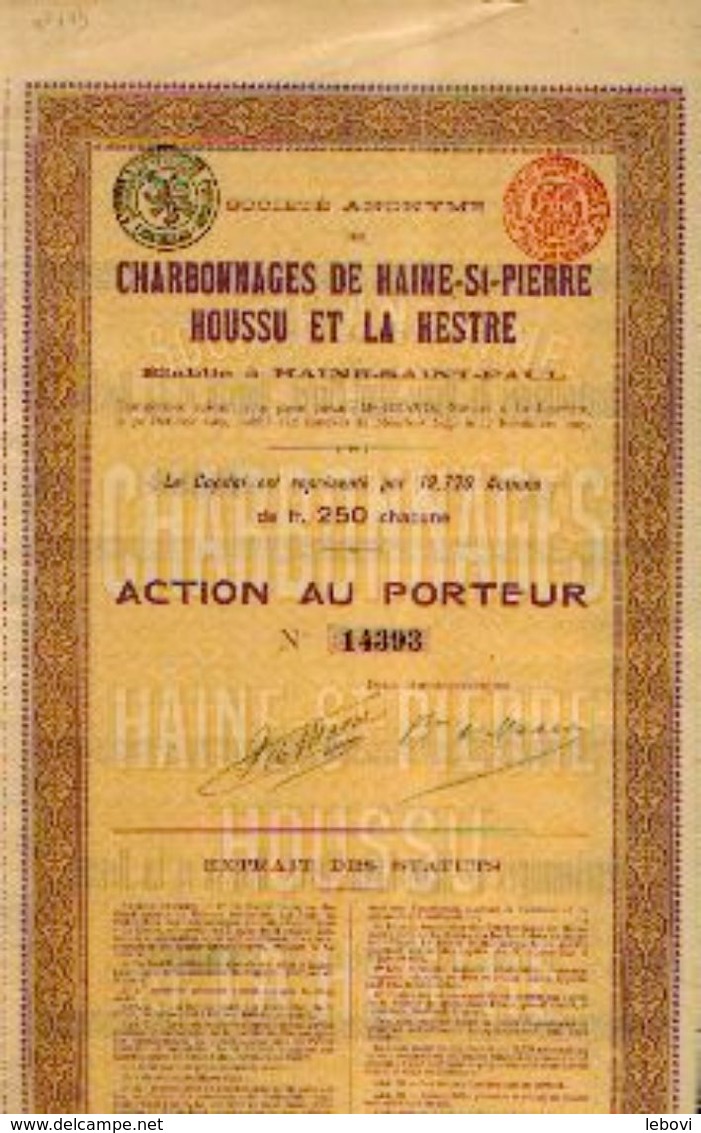 (HAINE-SAINT-PAUL) « Charbonnages De Haine-Saint-Pierre Houssu Et De La Hestre SA» - Action De 250 Fr - Mines