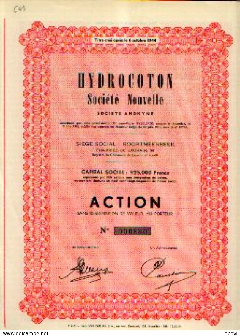 (BOORTMEERBEEK) « HYDROCOTON SA» - Capital 925.000 Fr – Action Au Porteur - Textile