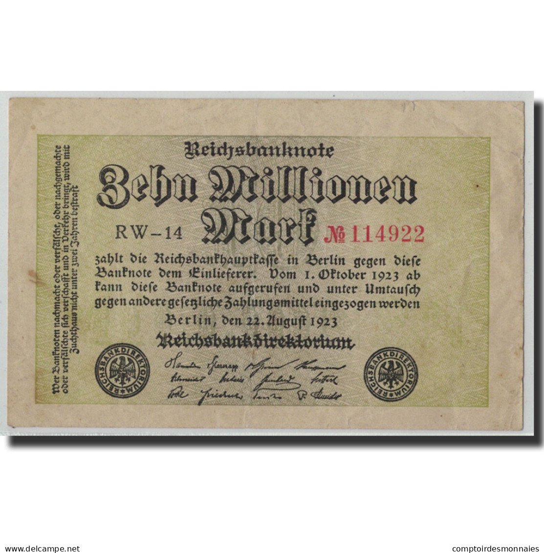 Billet, Allemagne, 10 Millionen Mark, 1923, 1923-08-22, KM:106a, TB - 10 Mio. Mark