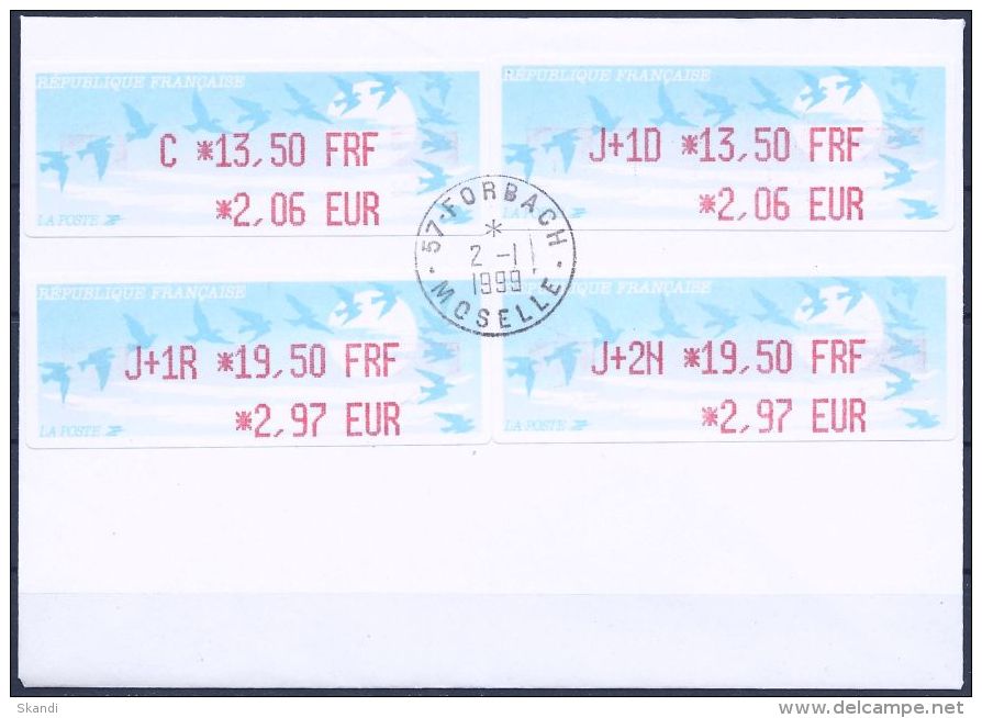 FRANKREICH 1999 Mi-Nr. ATM 13.1.1 B Z1-Z7 Auf 2 Briefen - 1990 Type « Oiseaux De Jubert »