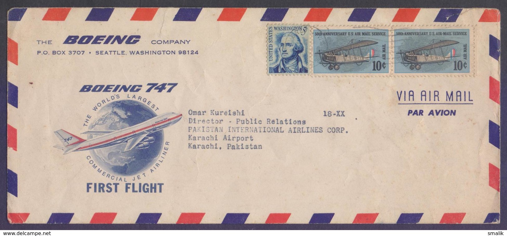 Special Cover From BOEING Company, Jet 747 First Flight To PIA Karachi PAKISTAN, Used 1969 - Airplanes