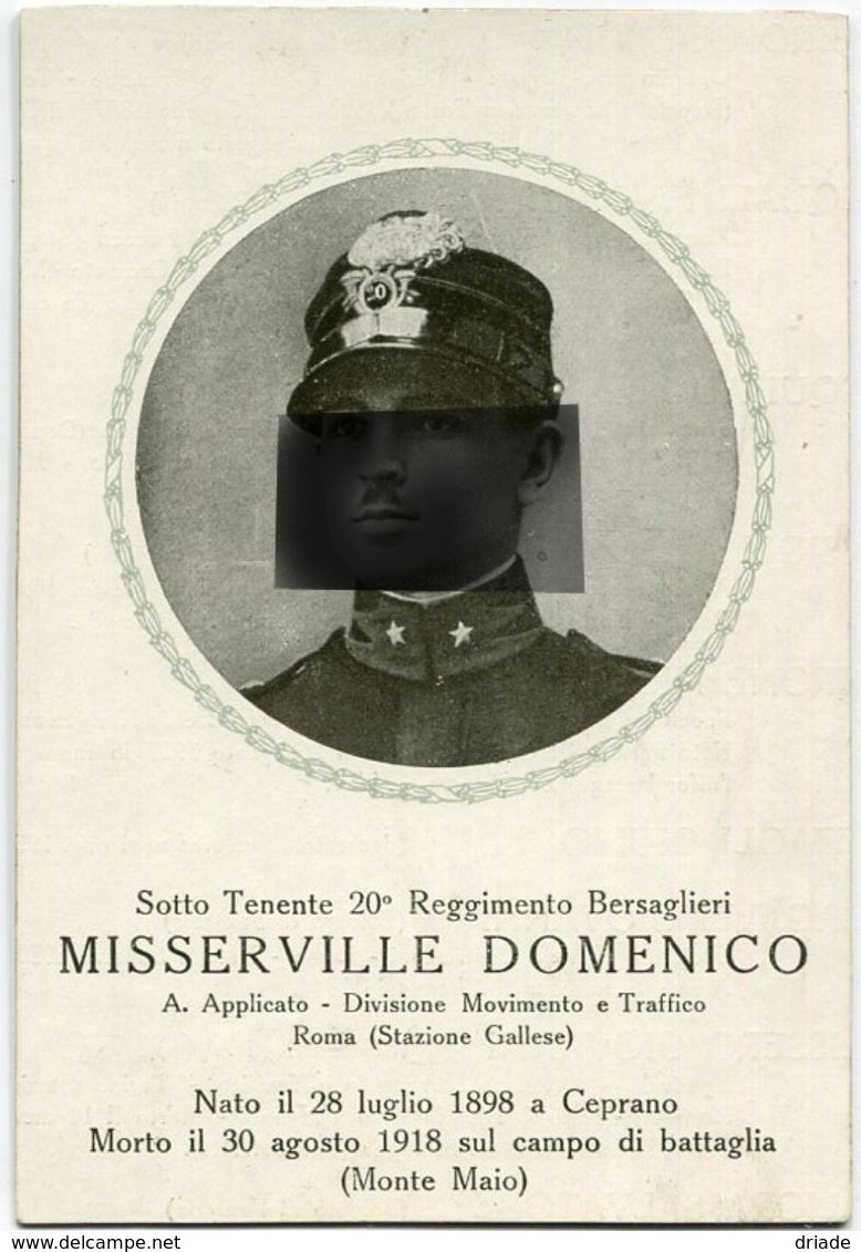 COMITATO D'ONORE FERROVIERI CADUTI IN GUERRA 20° REGGIMENTO BERSAGLIERI MISSERVILLE DOMENICO CEPRANO FROSINONE ANNO 1923 - Frosinone