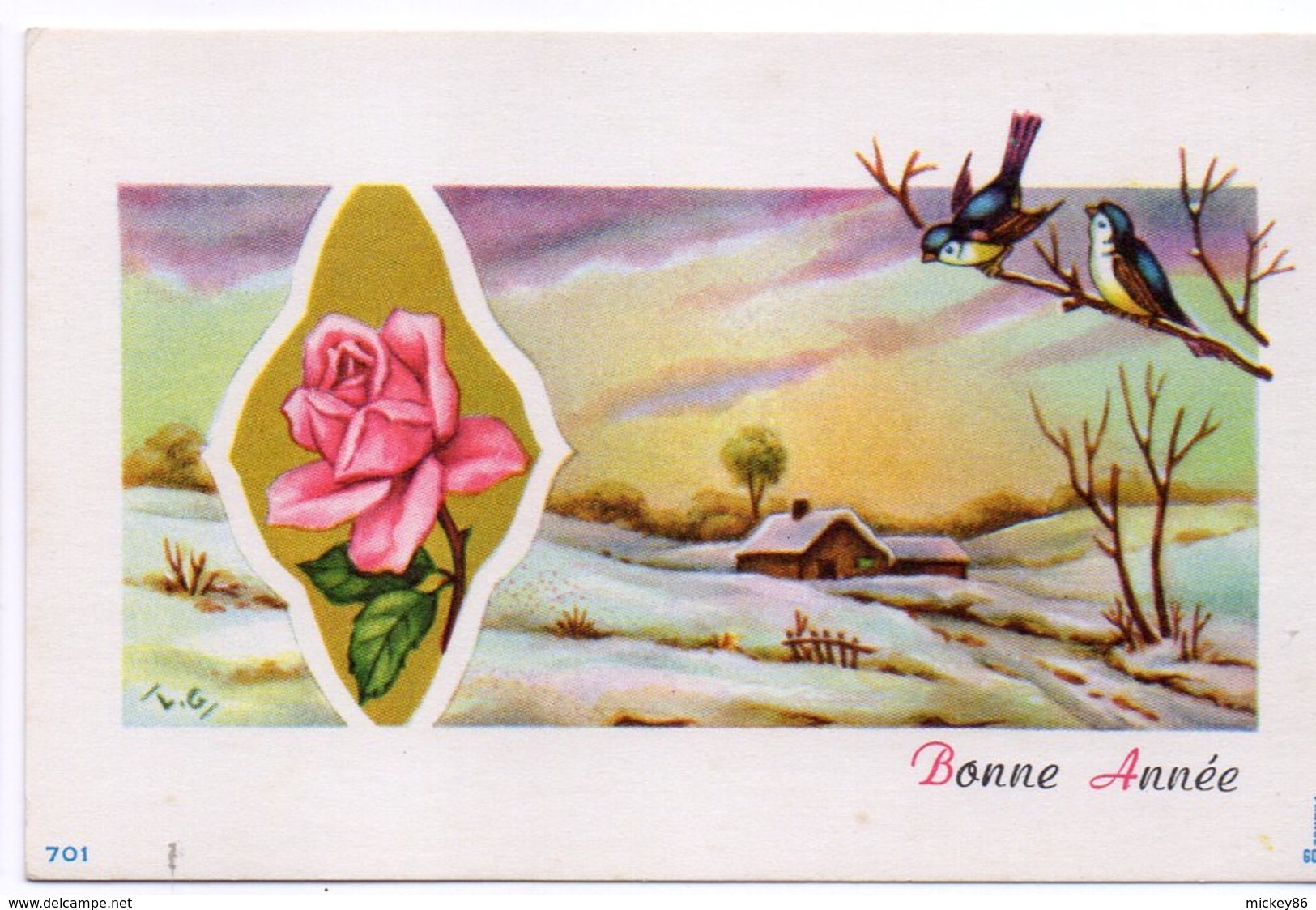 Bonne Année--Nouvel An --carte Mignonnette Signée L.G ---Paysage De Neige,oiseaux,rose- - Nouvel An