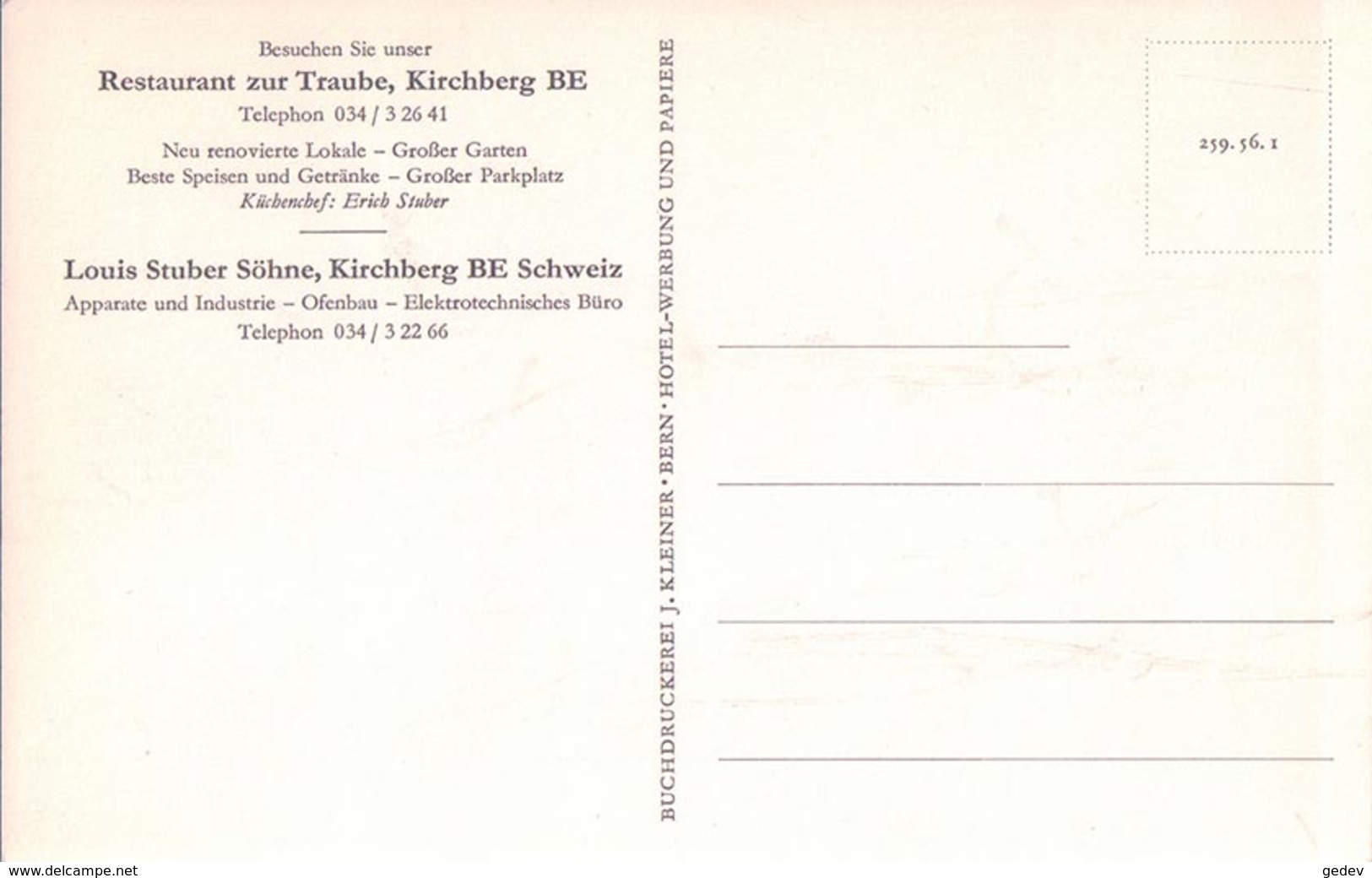 Kirchberg BE, Restaurant Zur Traube, Publicité L. Stuber Söhne, Apparate Und Industrie (32266) - Kirchberg