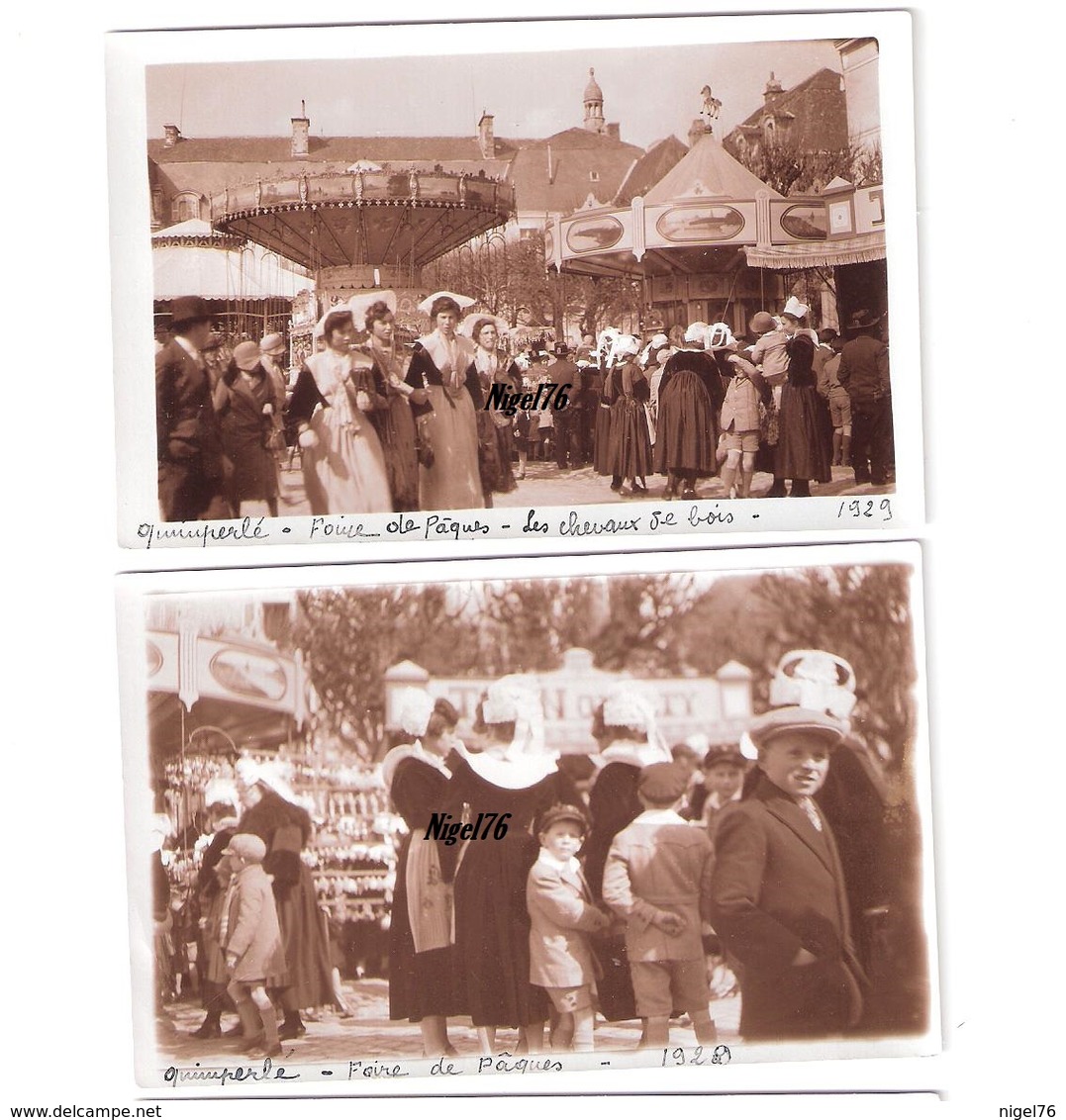 2 Photos Originales BRETAGNE FINISTERE 1929 Quimperlé Foire De Pâques Manèges Folklore Fête Foraine - Lieux