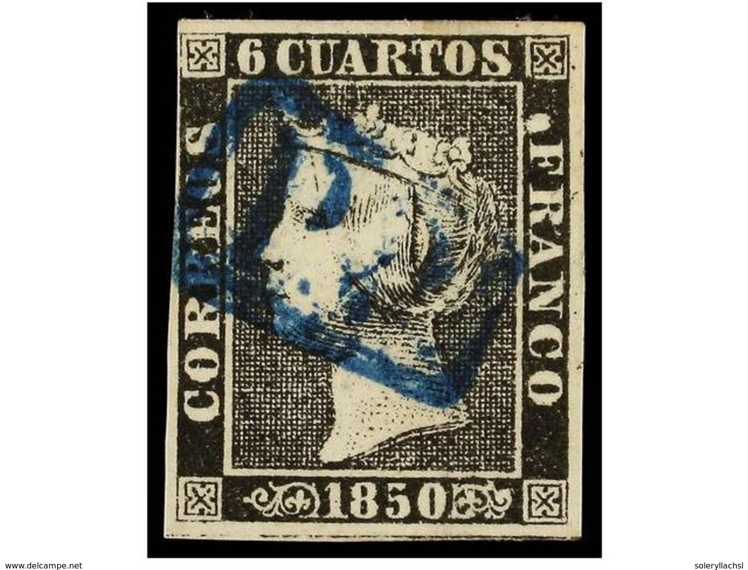 50 ° ESPAÑA. Ed.1. <B>6 Cuartos</B> Negro, Pl. I, Mat.<B>P.P.</B> De BARCELONA En Azul. Cert. EXFIMA. - Other & Unclassified