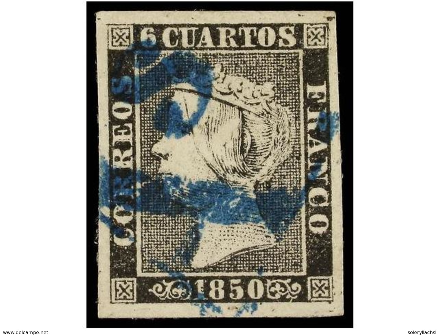 53 ° ESPAÑA. Ed.1. <B>6 Cuartos</B> Negro, Pl. I, Tipo V. Mat. <B>As</B> De BARCELONA En AZUL. Márgenes Excepcionales. - Otros & Sin Clasificación