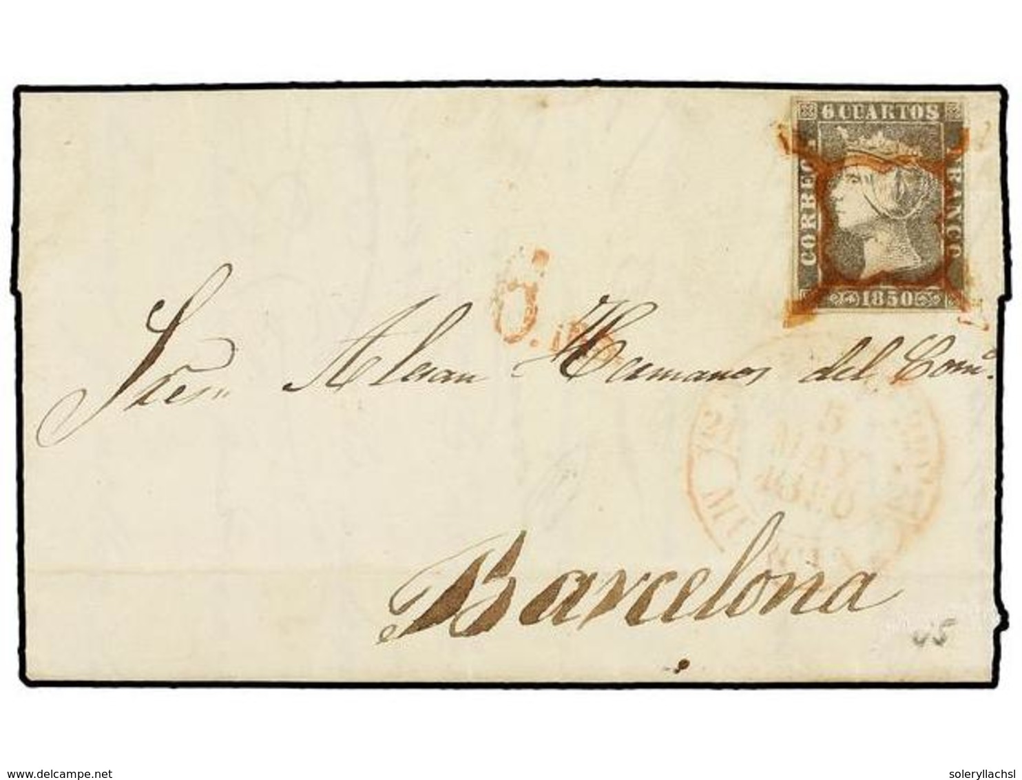 62 ESPAÑA. Ed.1. 1850. VELEZ RUBIO A BARCELONA. <B>6 Cuartos</B> Negro, Mat.<B> ARAÑA ROJA.</B> PRECIOSA. - Andere & Zonder Classificatie