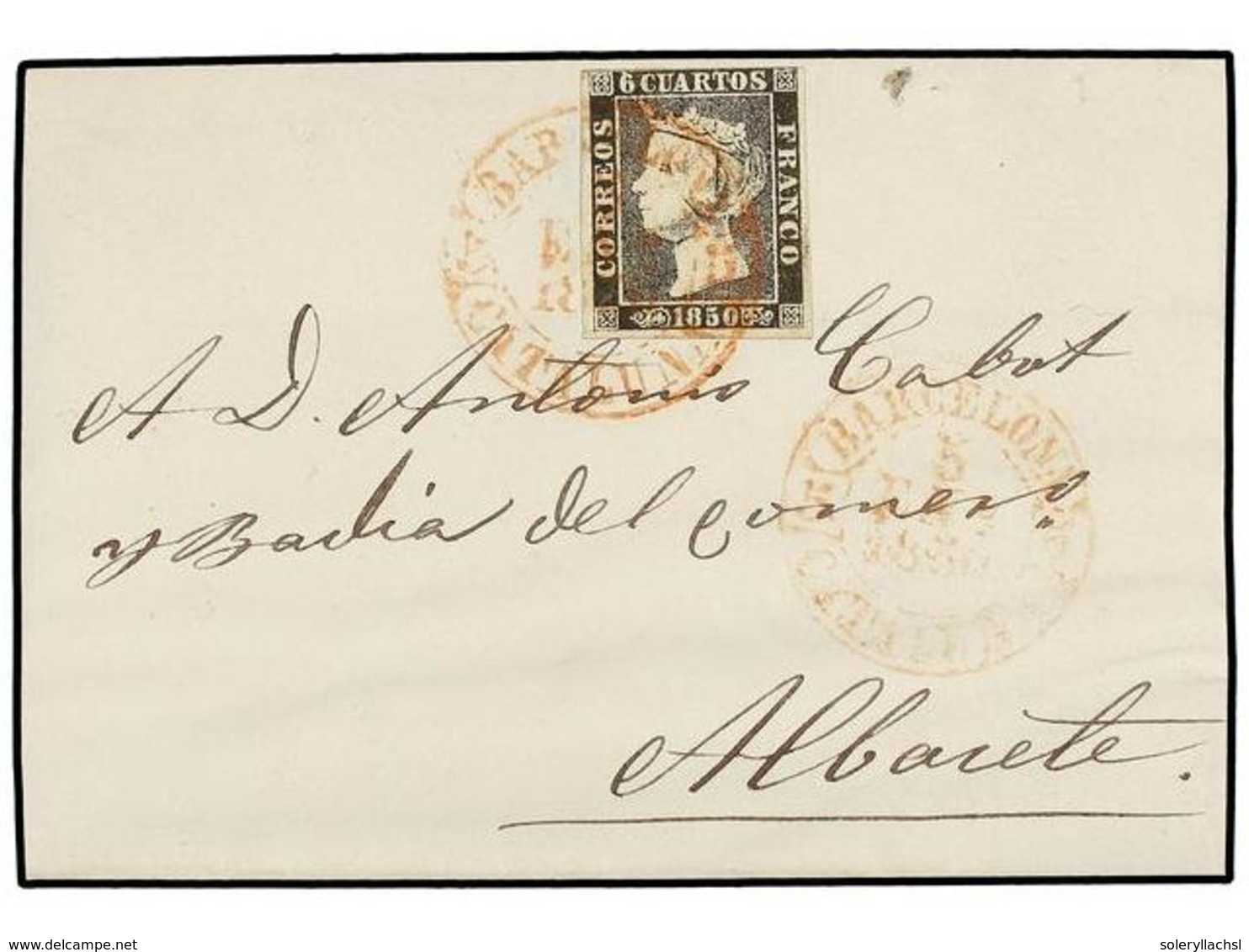 63 ESPAÑA. Ed.1. 1850. BARCELONA A ALBACETE. <B>6 Cuartos</B> Negro, Pl. I, Mat. Fechador<B> BARCELONA/5-ENE-1850/CATALU - Other & Unclassified