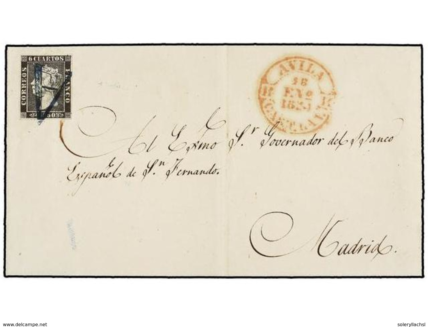 65 ESPAÑA. Ed.1. 1850. ÁVILA A MADRID. <B>6 Cuartos</B> Negro, Pl. I Tipo 8. Mat.<B> 'A' </B>de ÁVILA En Azul. Excepcion - Other & Unclassified