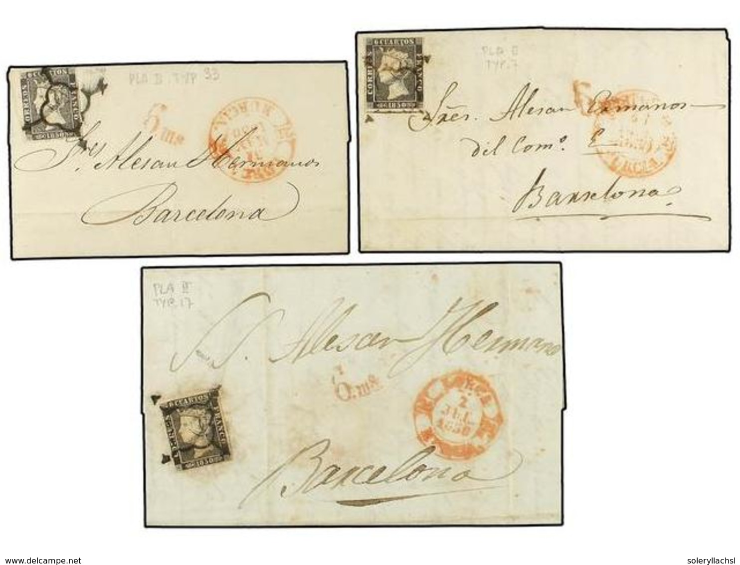71 ESPAÑA. Ed.1A (3). 1850. Tres Cartas Con Sello De <B>6 Cuartos</B> Negro, Pl. II Y Con Marca De Porteo De <B>'6ms'</B - Autres & Non Classés