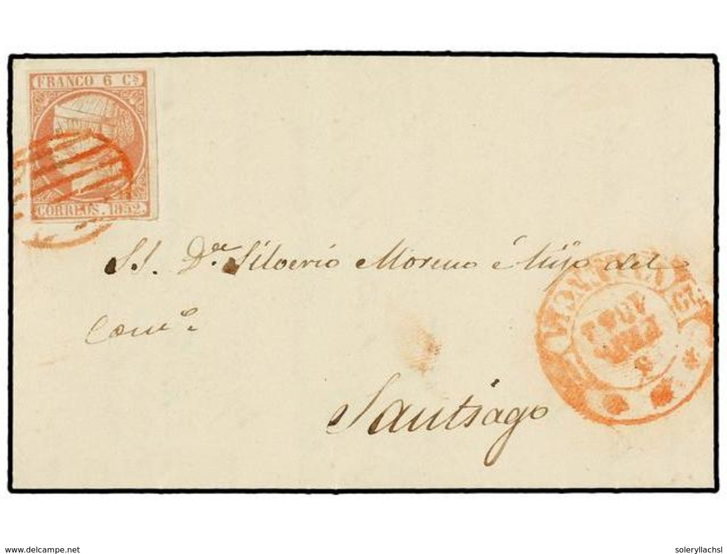 90 ESPAÑA. Ed.12. 1852. VALENCIA A SANTIAGO. <B>6 Cuartos</B> Rosa, Mat. <B>PARRILLA ROJA.</B> MAGNÍFCA Y MUY RARA. Dict - Altri & Non Classificati