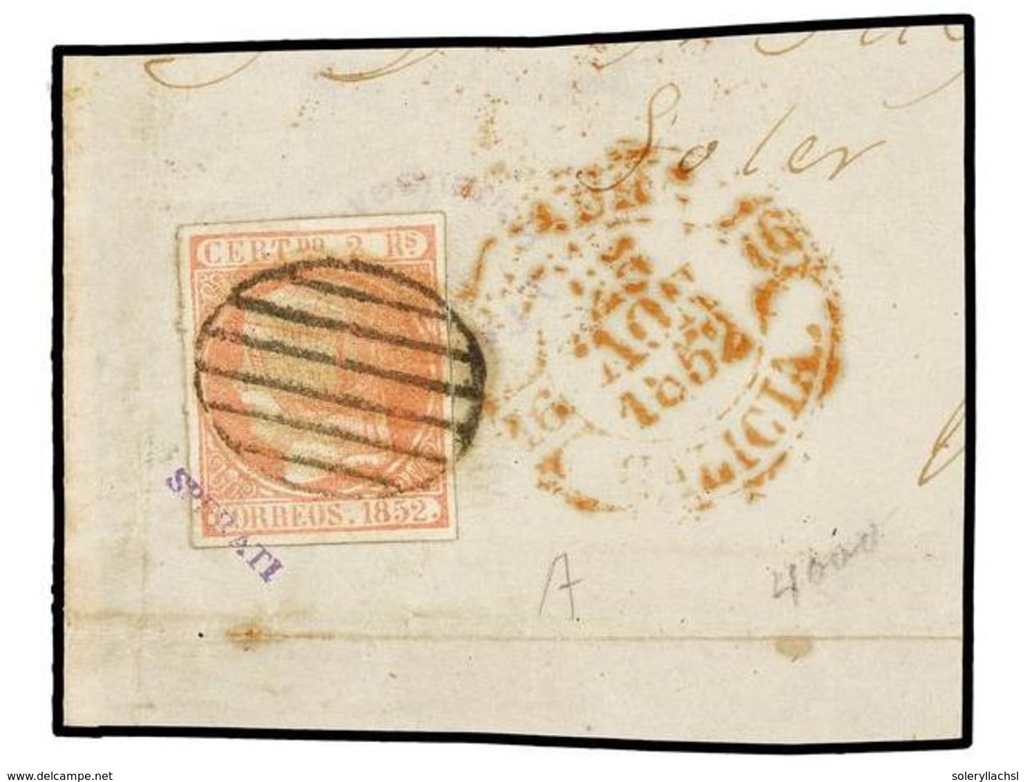 92 ESPAÑA. Ed.14. <B>SPERATI. 2 Reales</B> Naranja, Tipo I Sobre Fragmento, Mat.<B> PARRILLA</B> Y Fechador <B>CORUÑA/GA - Other & Unclassified