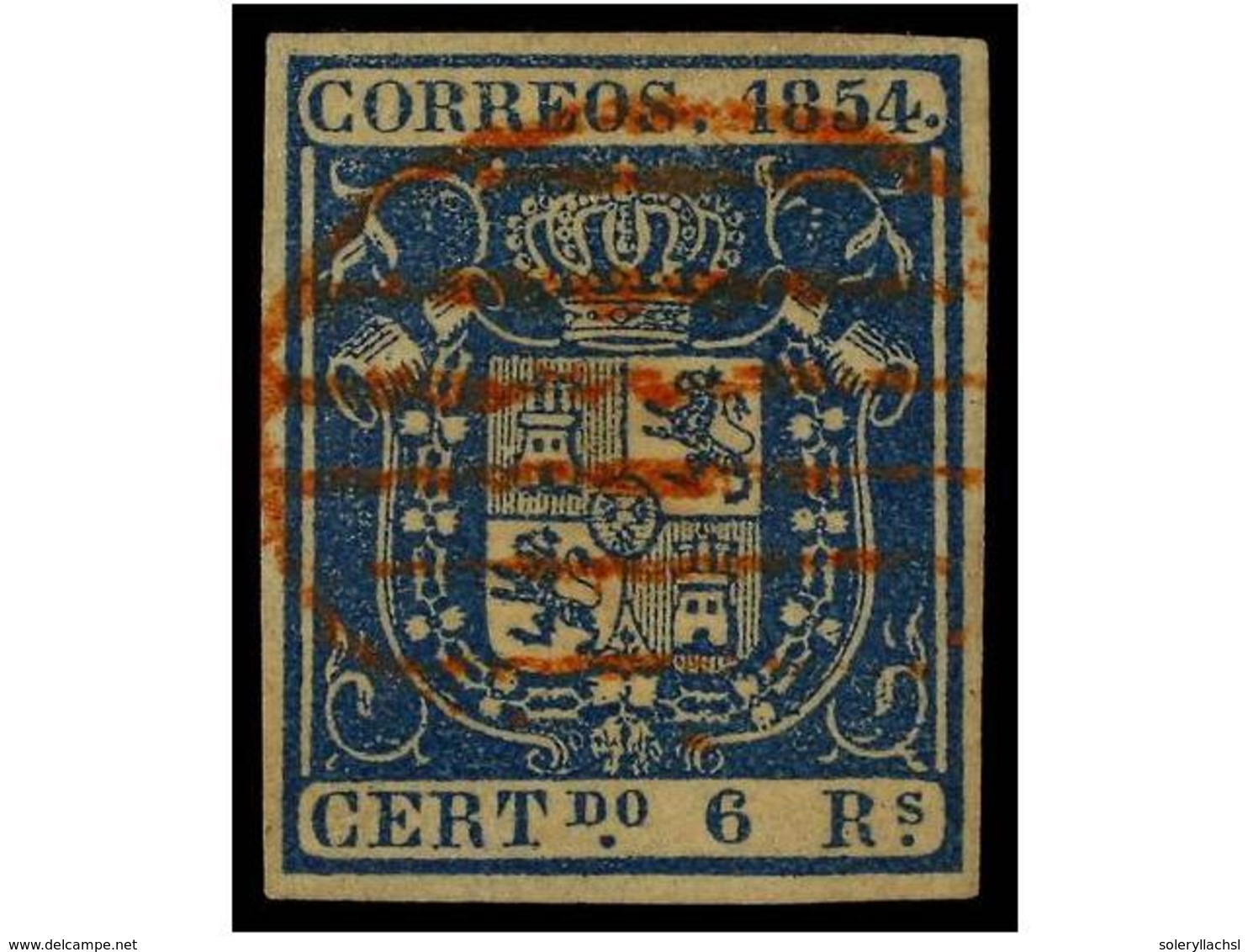 114 ° ESPAÑA. Ed.27. <B>6 Reales</B> Azul. Mat. <B>PARRILLA ROJA</B>. MUY RARO Y De LUJO. Cert. COMEX. Cat. 1.175?. - Sonstige & Ohne Zuordnung