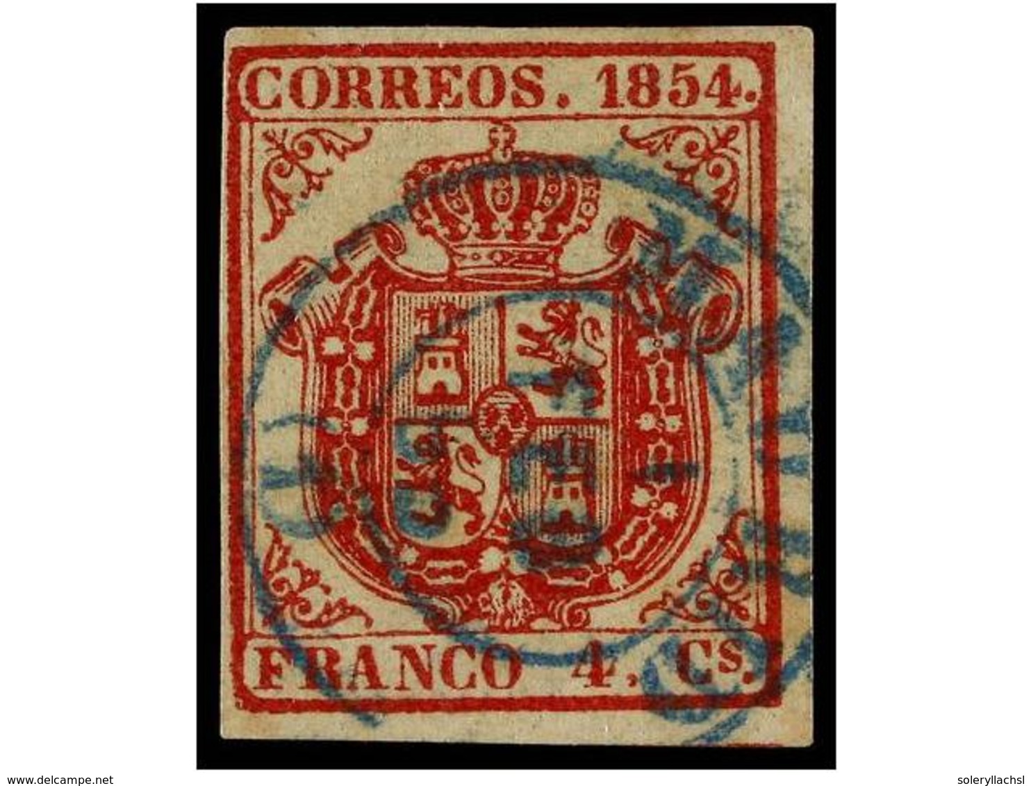 121 ° ESPAÑA. Ed.33. <B>4 Cuartos</B> Rojo, Mat. Fechador <B>MADRID/(1)</B> En Azul. MAGNÍFICO Y MUY RARO. - Autres & Non Classés