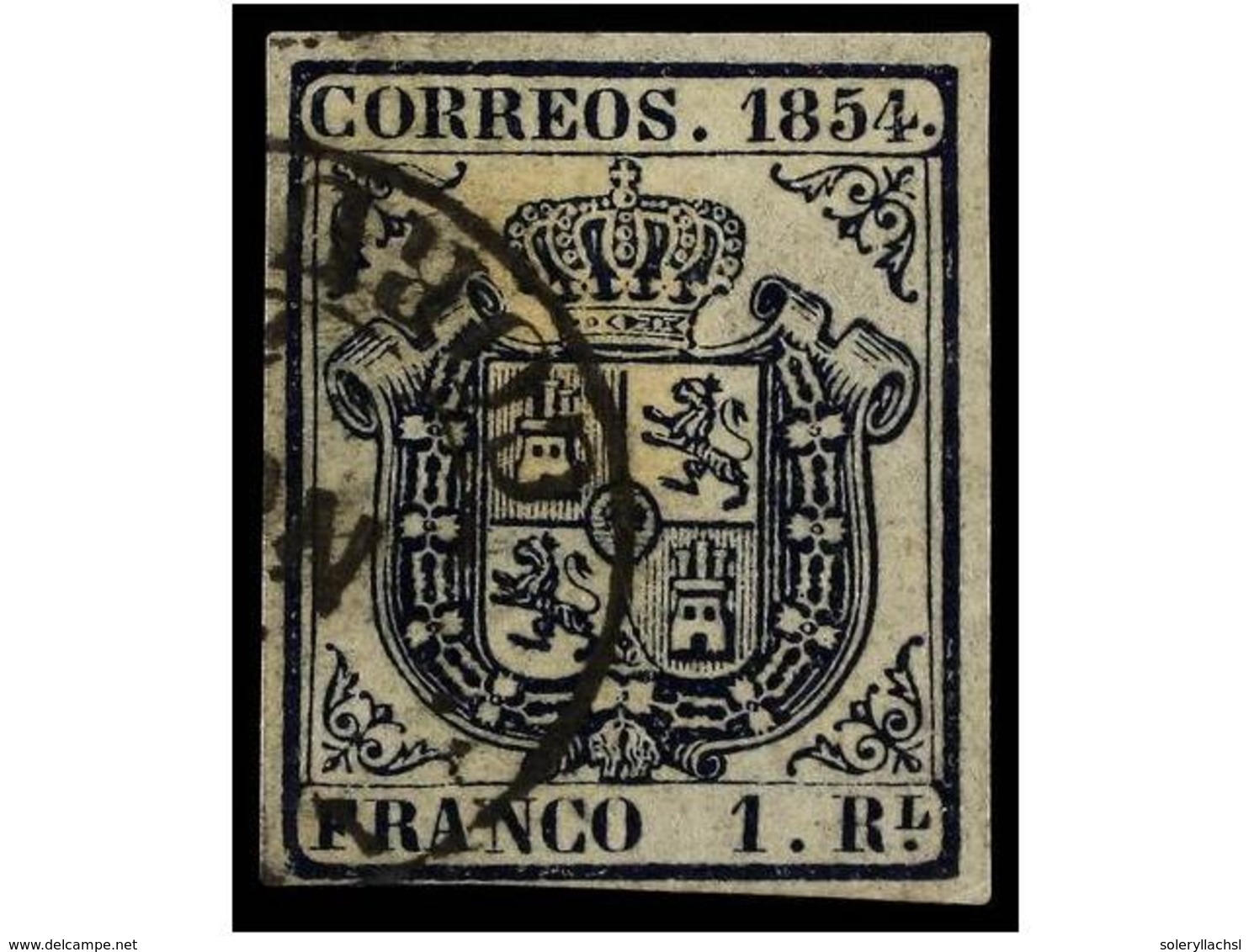 127 ° ESPAÑA. Ed.34. <B>1 Real</B> Azul, Mat. Fechador<B> SANTIAGO/CORUÑA.</B> Bonito Ejemplar. Cert. COMEX. Cat. 1.250? - Other & Unclassified