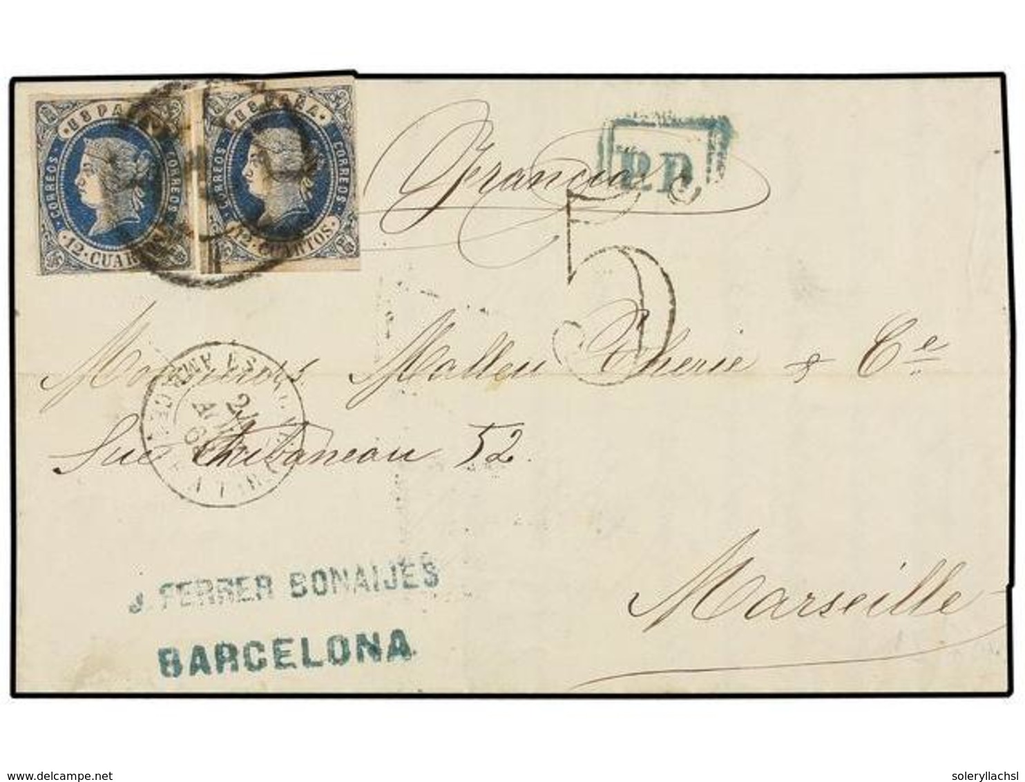 156 ESPAÑA. Ed.59F (2). 1863. BARCELONA A FRANCIA. <B>12 Cuartos</B> Azul, Dos Sellos <B>FALSOS POSTALES</B>. Muy Raro F - Autres & Non Classés