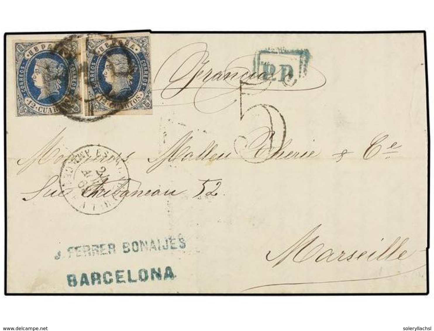 156 ESPAÑA. Ed.59F (2). 1863. BARCELONA A FRANCIA. <B>12 Cuartos</B> Azul, Dos Sellos <B>FALSOS POSTALES</B>. Muy Raro F - Other & Unclassified