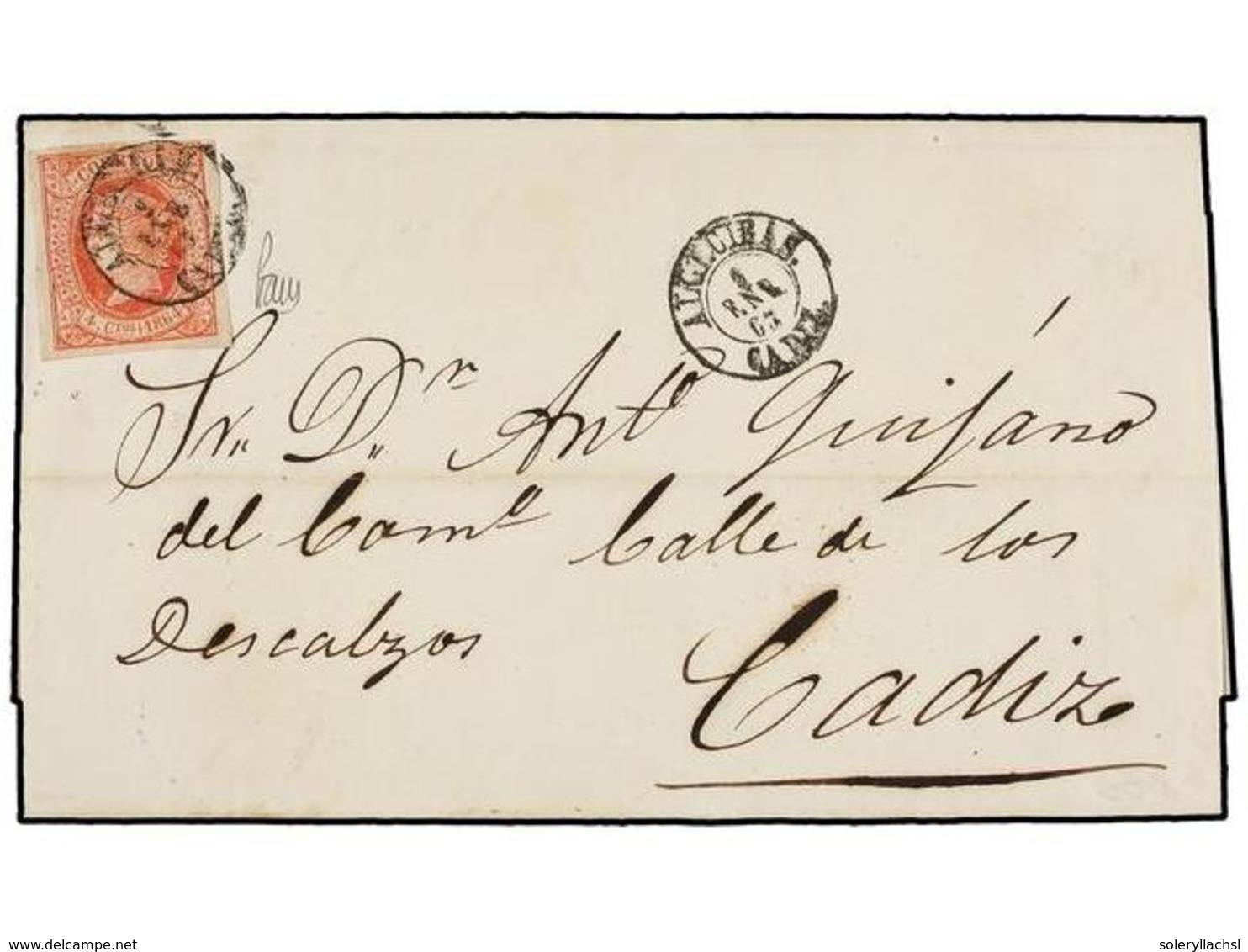 160 ESPAÑA. Ed.64. 1865 (2 Enero). ALGECIRAS A CÁDIZ. <B>4 Cuartos</B> Rojo Circulado Durante El Período De Canje Con La - Sonstige & Ohne Zuordnung