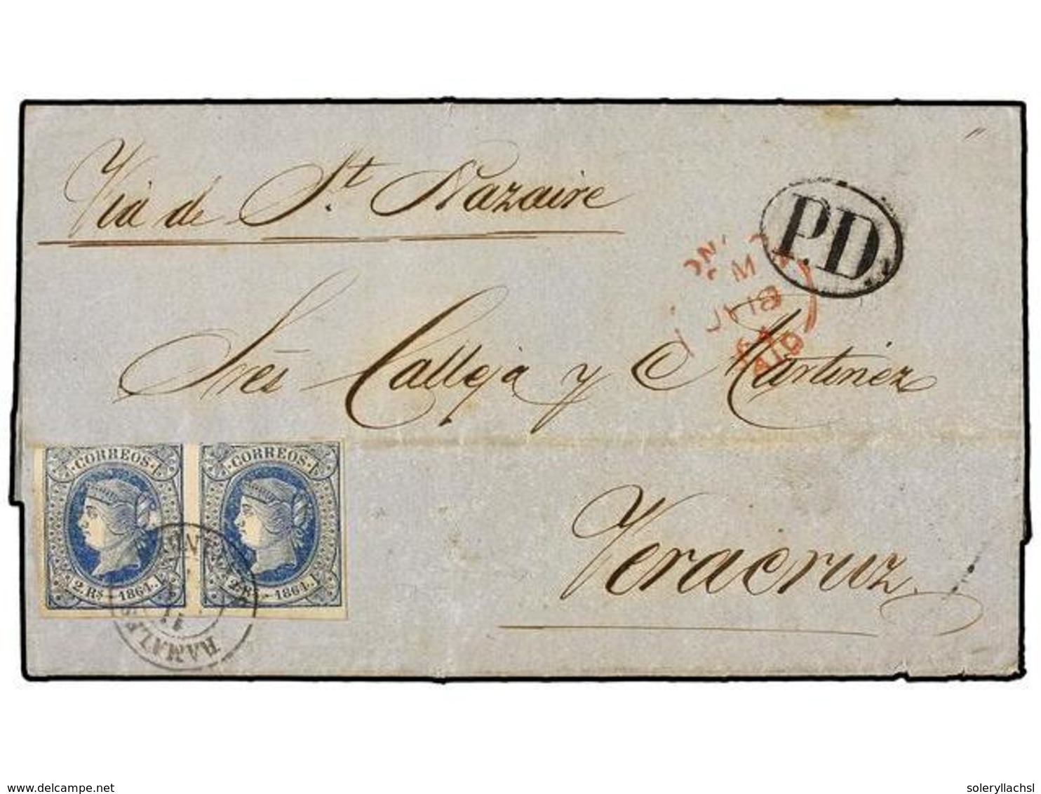 162 ESPAÑA. Ed.68 (2). 1864. RAMALES A VERACRUZ. <B>2 Reales</B> Azul, Mat.<B> RAMALES/SANTANDER</B> Circulada Vía Londr - Autres & Non Classés