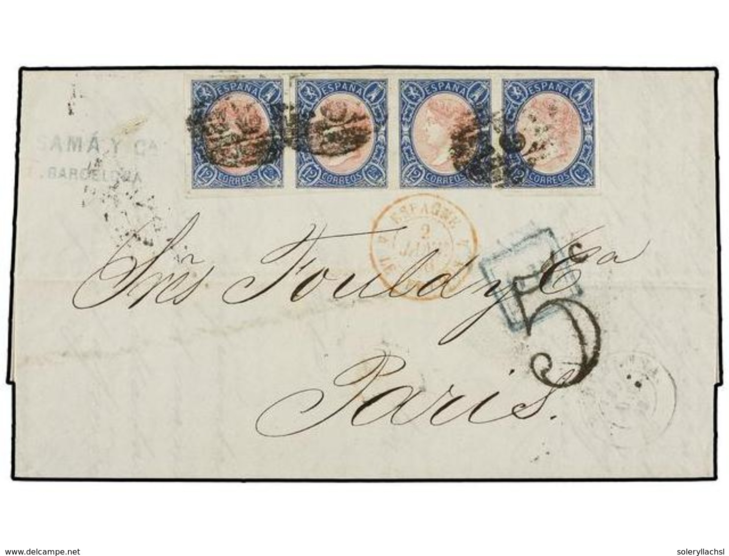 166 ESPAÑA. Ed.70 (4). 1865. BARCELONA A PARÍS. <B>12 Cuartos</B> Azul Y Rosa. Tira De Cuatro. MUY BONITA. - Sonstige & Ohne Zuordnung