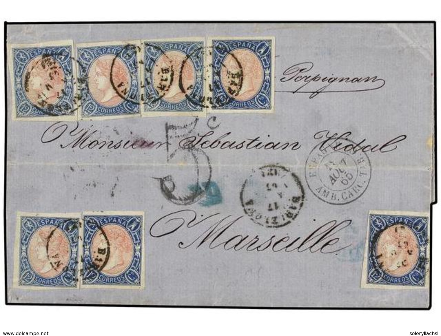 167 ESPAÑA. Ed.70 (7). 1865. BARCELONA A MARSELLA (Francia). <B>12 Cuartos</B> Azul Y Rosa, Siete Sellos. Mat.<B> </B>fe - Sonstige & Ohne Zuordnung