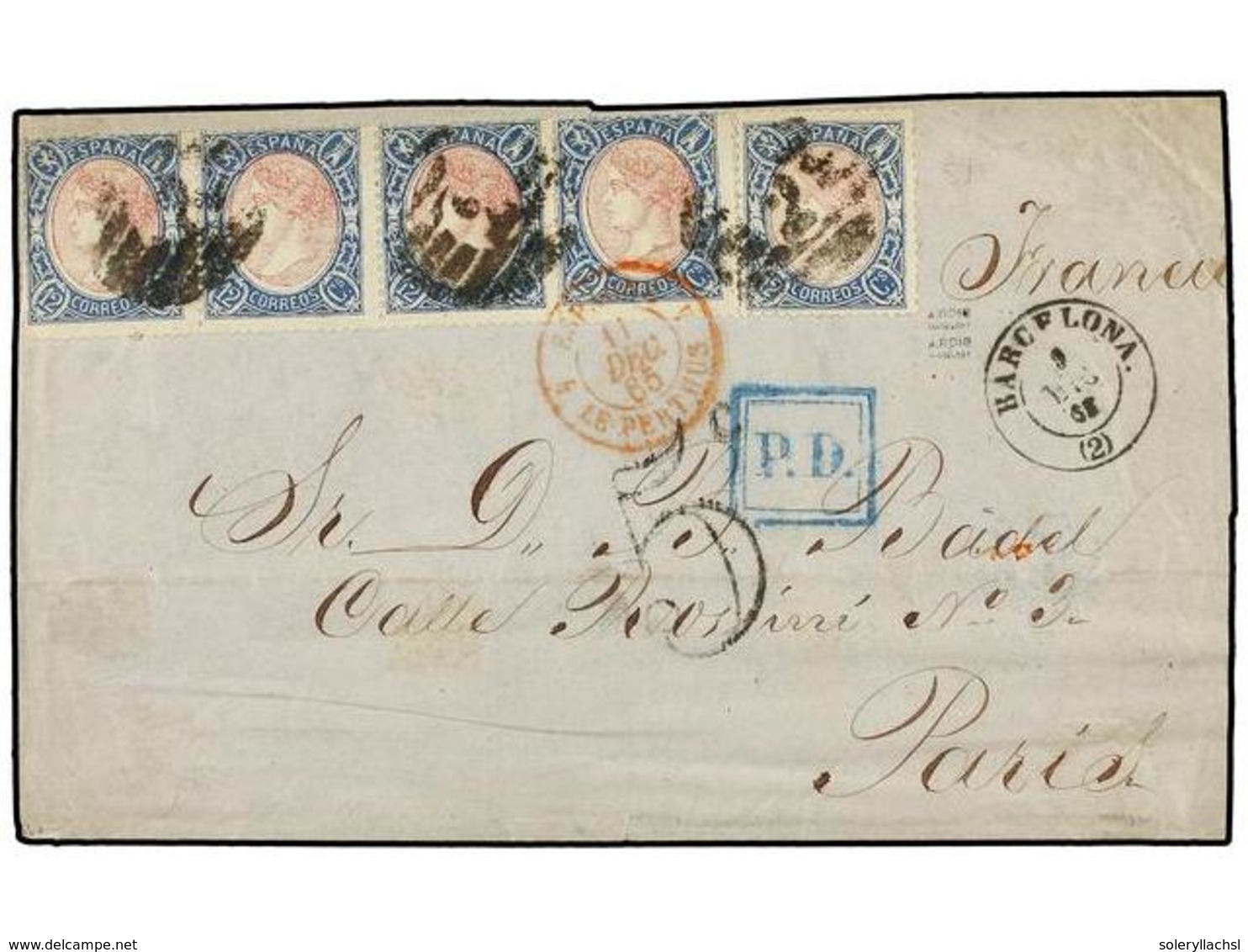 177 ESPAÑA. Ed.76 (5). 1865. BARCELONA A PARÍS. <B>12 Cuartos</B> Azul Y Rosa. Espectacular Franqueo De Cinco Portes. - Other & Unclassified