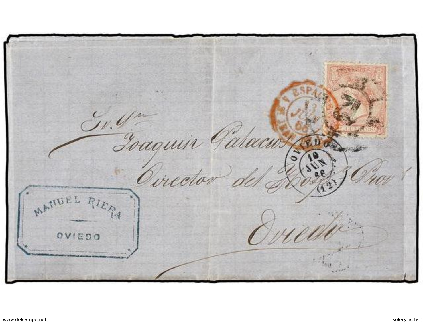 181 ESPAÑA. Ed.80. 1866. OVIEDO Correo Interior. <B>2 Cuartos</B> Rosa. Carta Enviada Erróneamente A Francia, Probableme - Autres & Non Classés