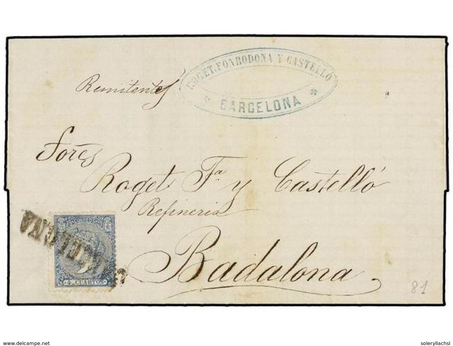 183 ESPAÑA. Ed.81. 1866. BARCELONA A BADALONA. <B>4 Cuartos</B> Azul, Mat. Lineal<B> BARCELONA</B> Del Ferrocarril<B> </ - Altri & Non Classificati