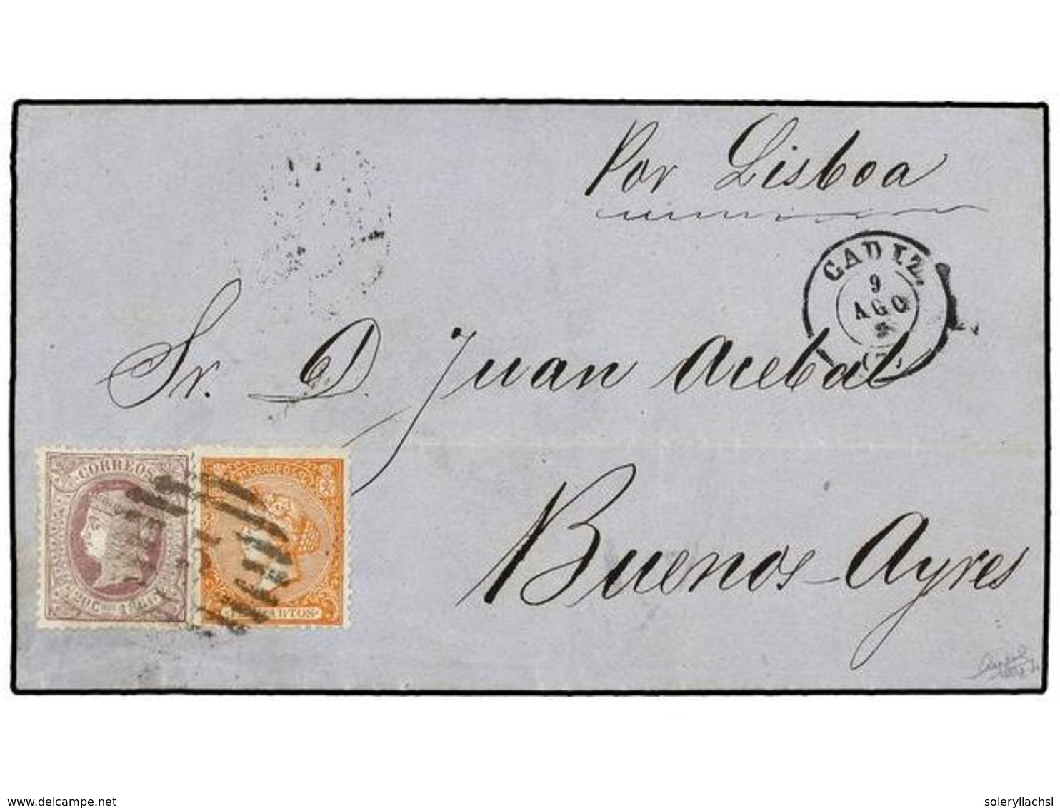 186 ESPAÑA. Ed.82, 86. 1866. CÁDIZ A BUENOS AIRES. <B>12 Cuartos</B> Naranja Y <B>20 Cts.</B> Lila. Circulada Vía Lisboa - Autres & Non Classés